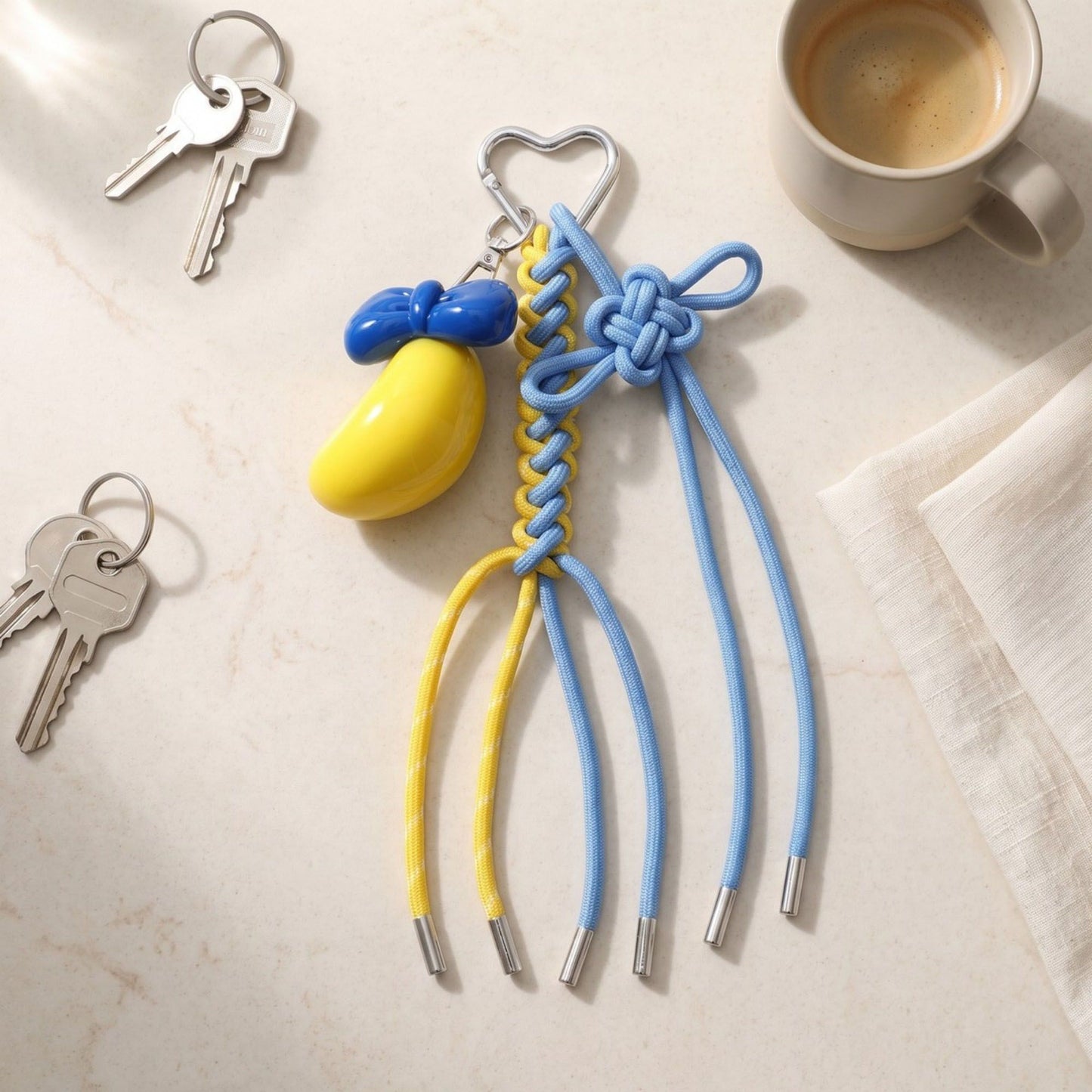 Braided Cord Bag Charm with Bow and Heart Clip