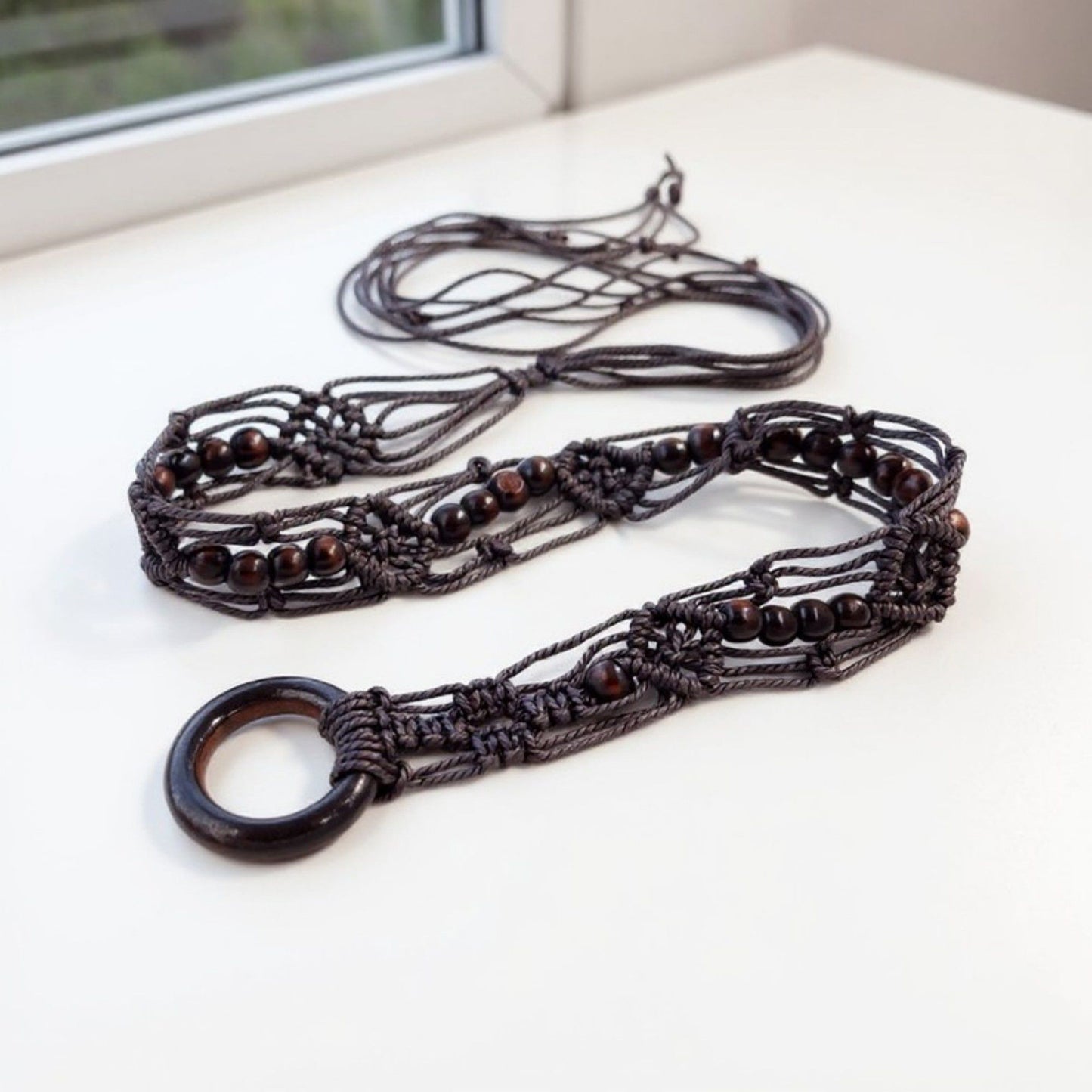 Woven Rope Belt with Large Circular Buckle and Bohemian Knot Detail 49in