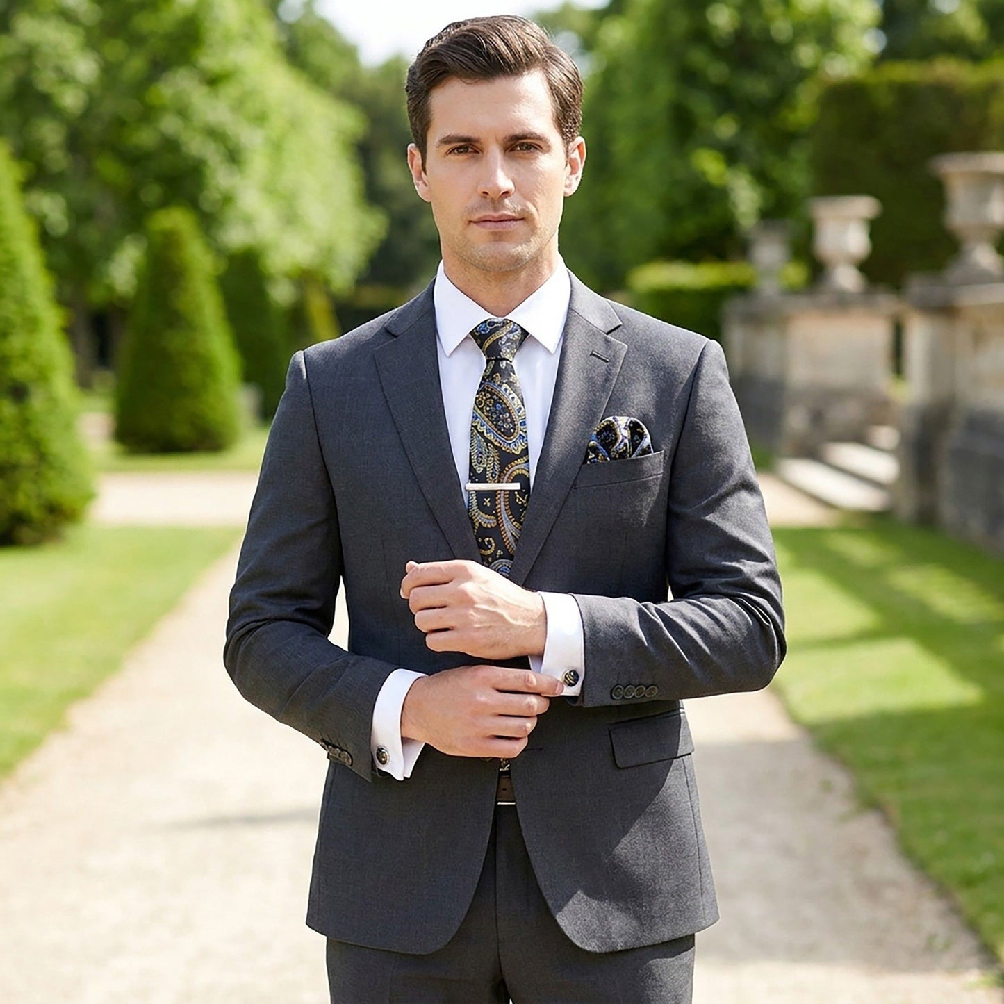 Men's Paisley Pattern Tie Gift Set with Matching Pocket Square Cufflinks and Silver Tie Clip