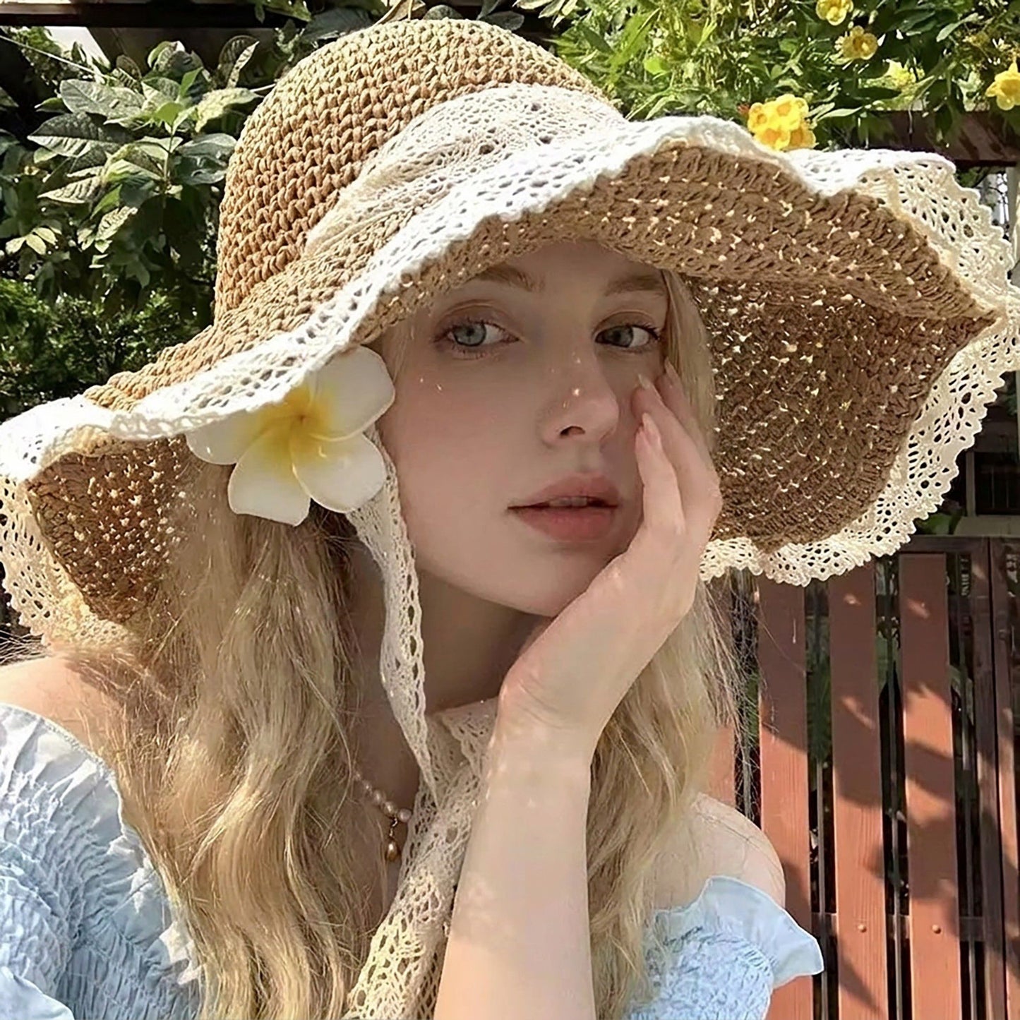 Crochet Wide Brim Sun Hat with Lace Trim Bow Accent and Wavy Brim