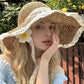 Crochet Wide Brim Sun Hat with Lace Trim Bow Accent and Wavy Brim