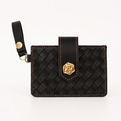 Woven Card Holder Wallet with Rose Accent and Loop Strap