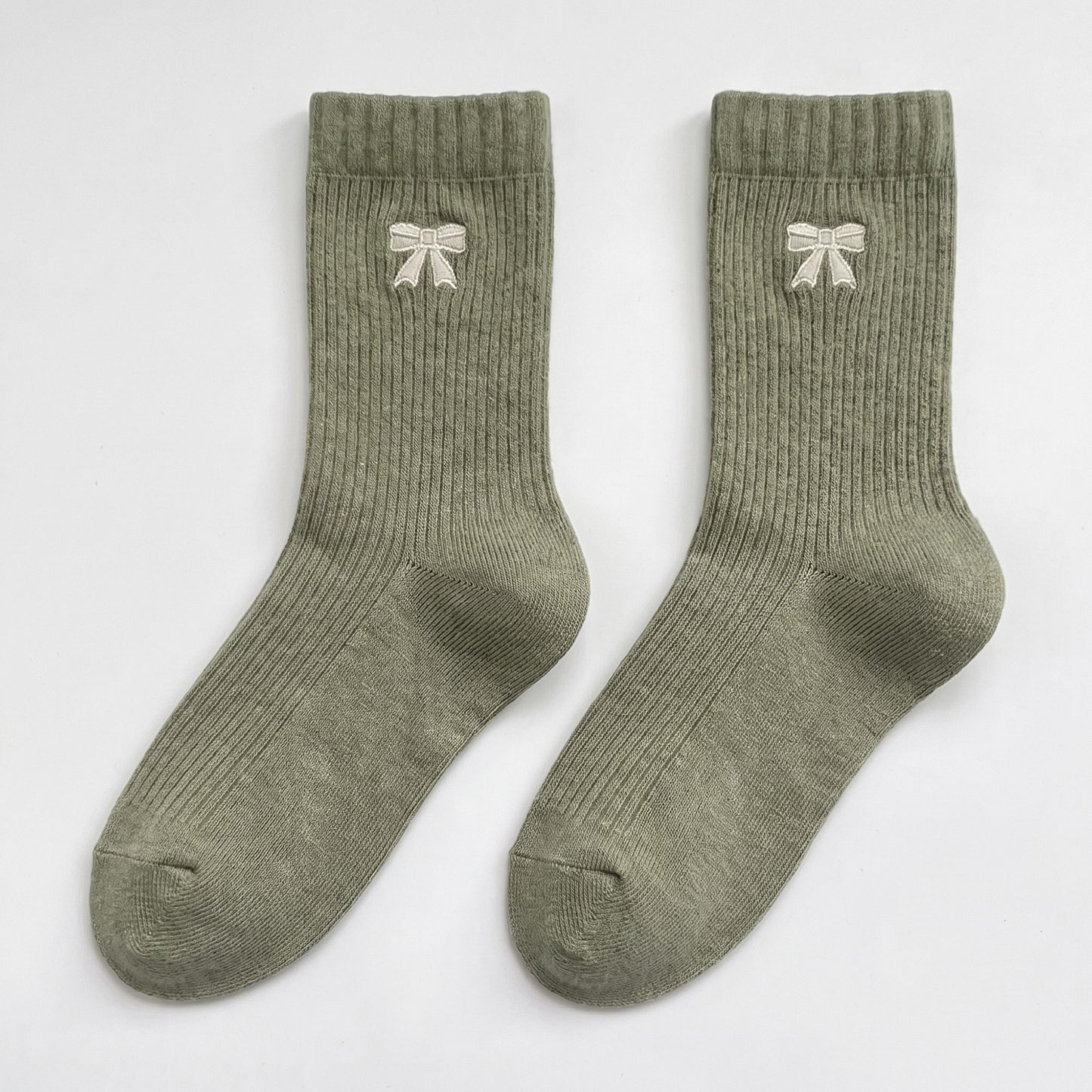 3-Pair Bow Embroidered Crew Socks Set, Ribbed Knit Casual Hosiery
