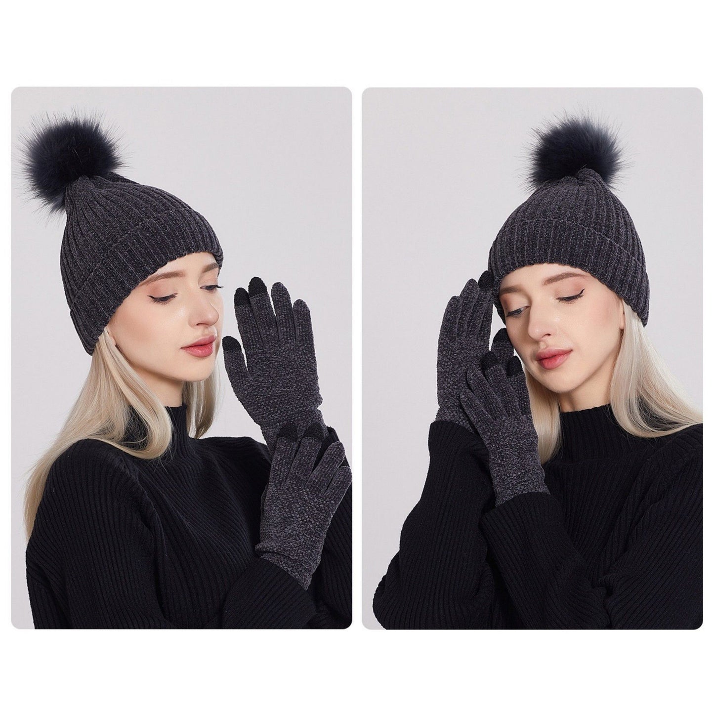 Knit Beanie and Touchscreen Gloves 2-Piece Winter Accessory Set with Ribbed Cuff Design and Fluffy Pom Pom Detail