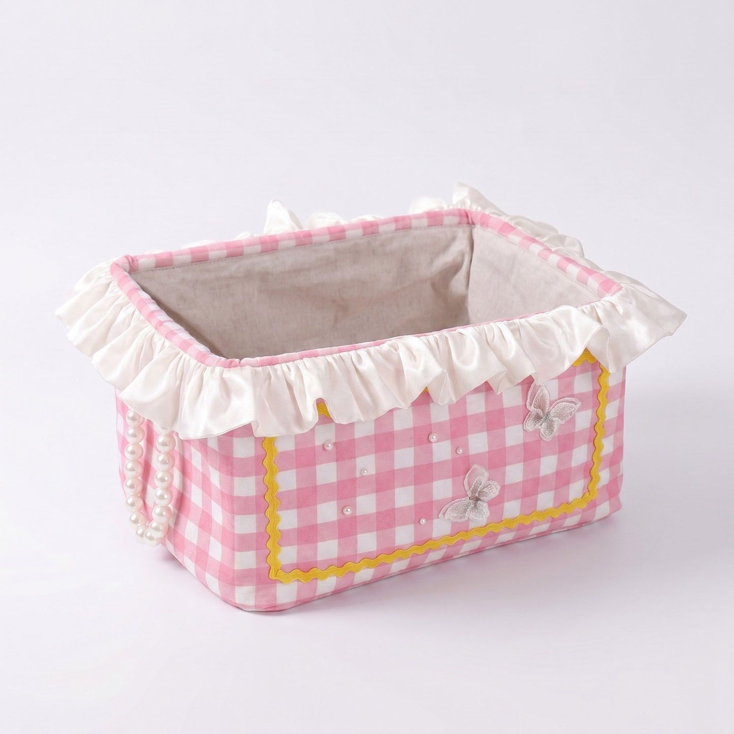 Gingham Fabric Storage Basket with Ruffle Trim and Handles