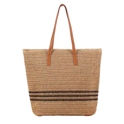 Woven Crochet Tote Bag with Striped Pattern Leather Shoulder Strap Lightweight Large Capacity Handbag