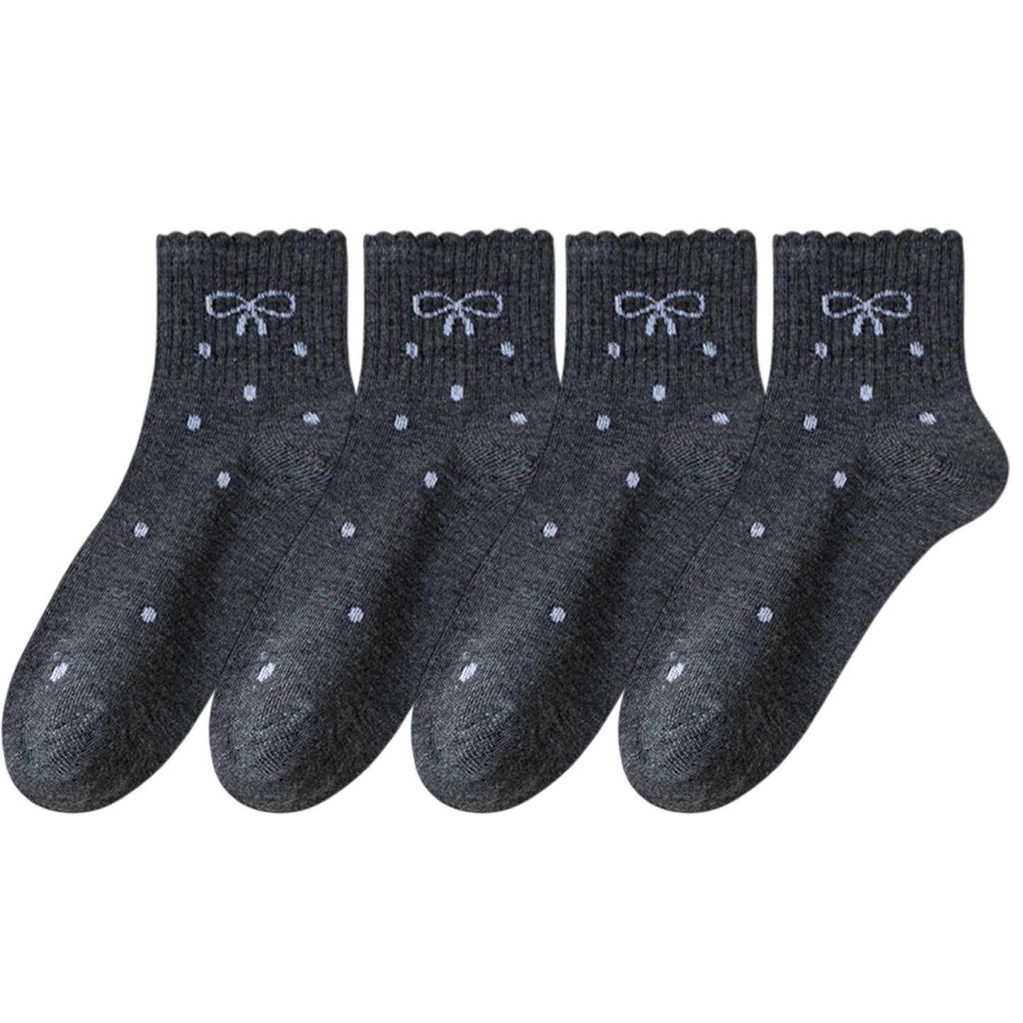 Soft Cotton Ankle Socks with Bow Embroidery Polka Dot Design 4 Pairs