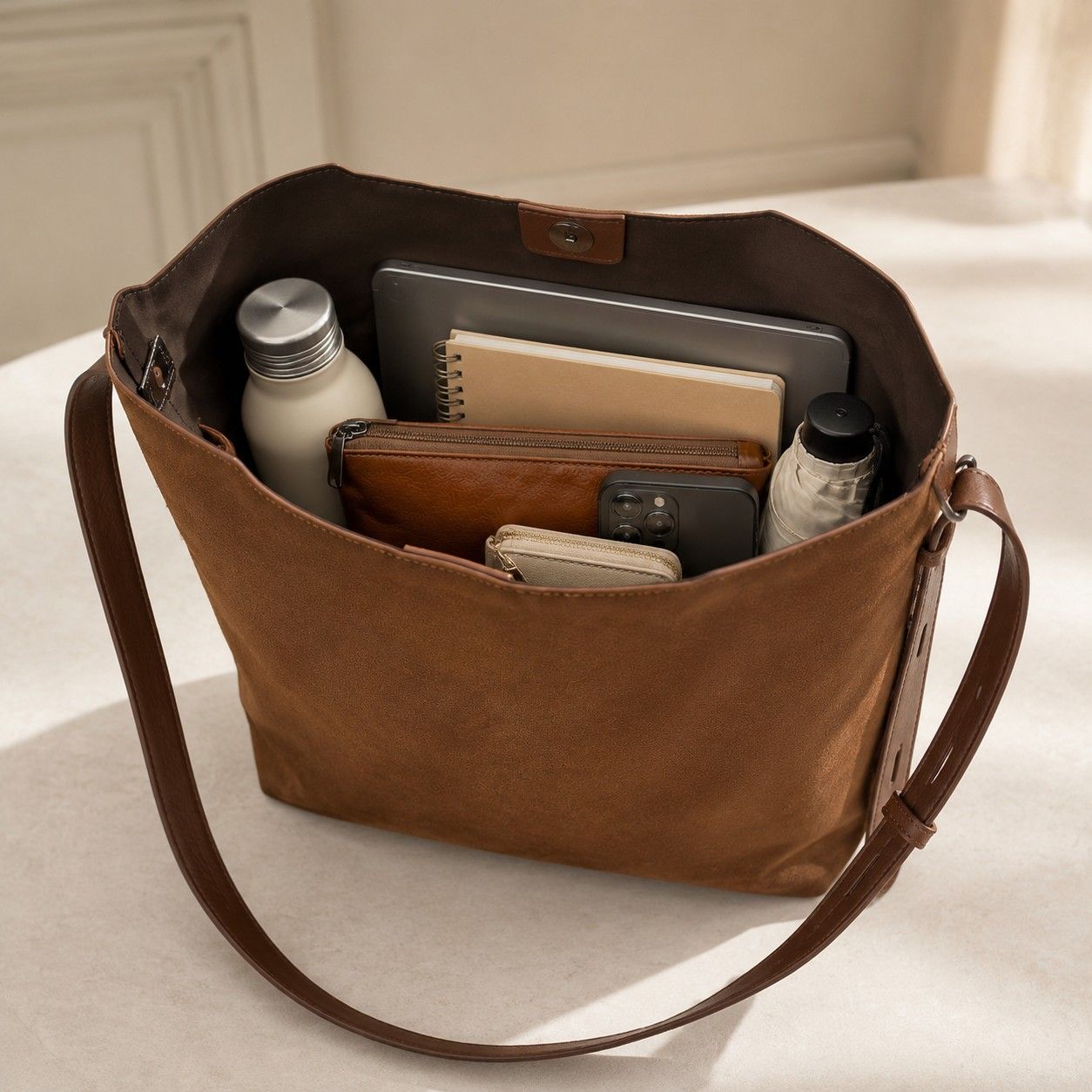 Faux Suede Shoulder Tote Bag with Removable Zip Pouch Adjustable Strap and Magnetic Closure