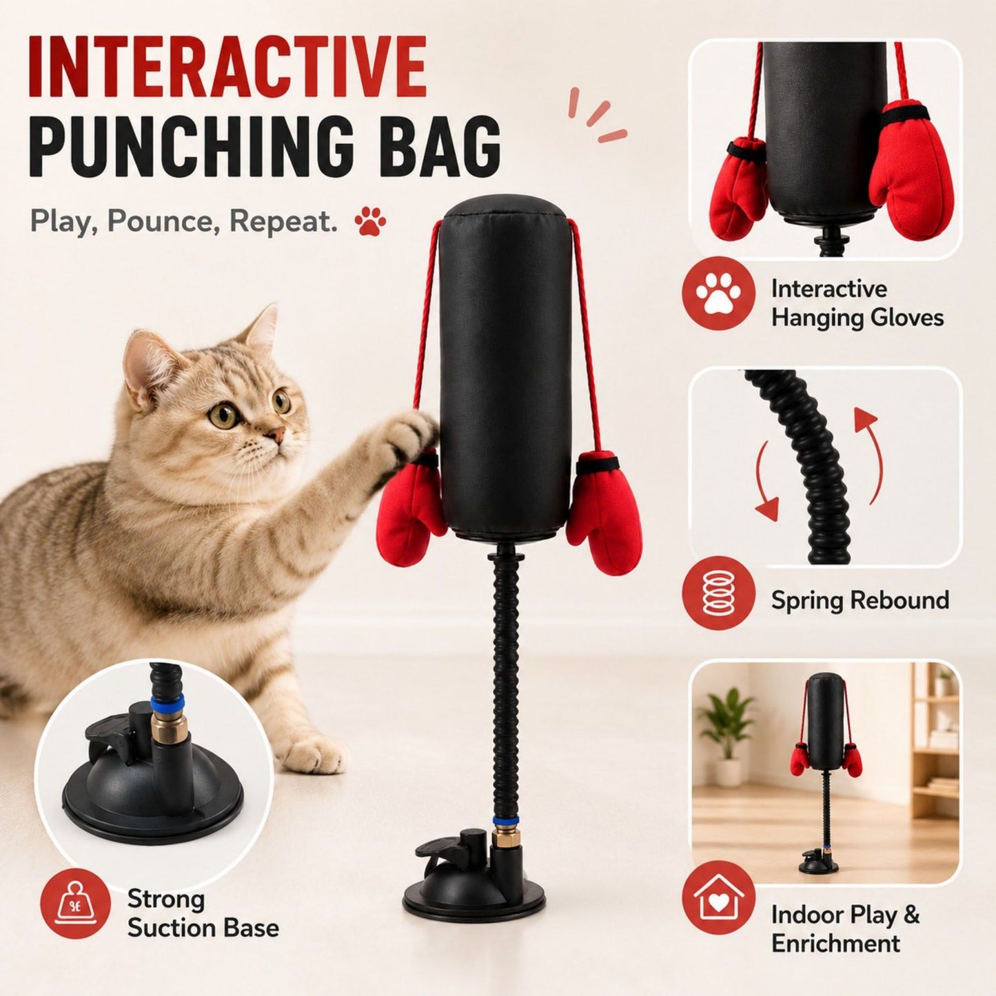 Interactive Cat Boxing Toy with Suction Cup Base, Spring Rebound Punching Bag and Hanging Gloves