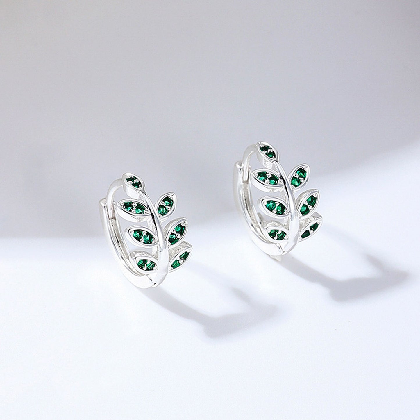Women's Leaf - Shaped Hoop Earrings with Green Crystals