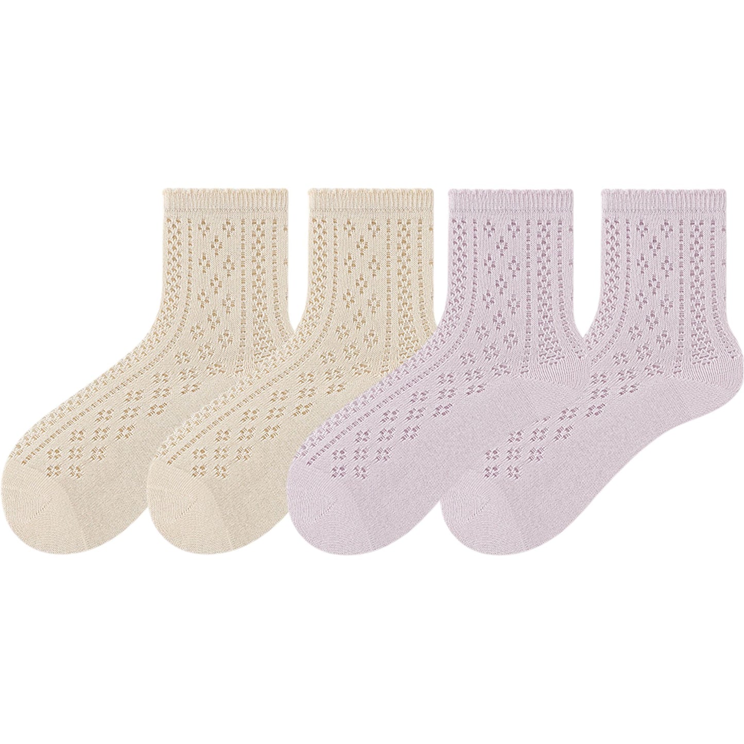 4 Pairs Women's Lace Knit Crew Socks Lightweight Breathable Mesh Style with Elastic Cuff in Assorted Patterns