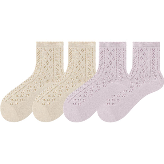 4 Pairs Women's Lace Knit Crew Socks Lightweight Breathable Mesh Style with Elastic Cuff in Assorted Patterns
