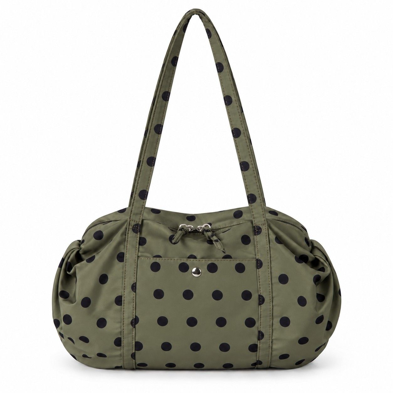 Polka Dot Nylon Barrel Shoulder Bag with Double Handles Zip Closure and Interior Pockets