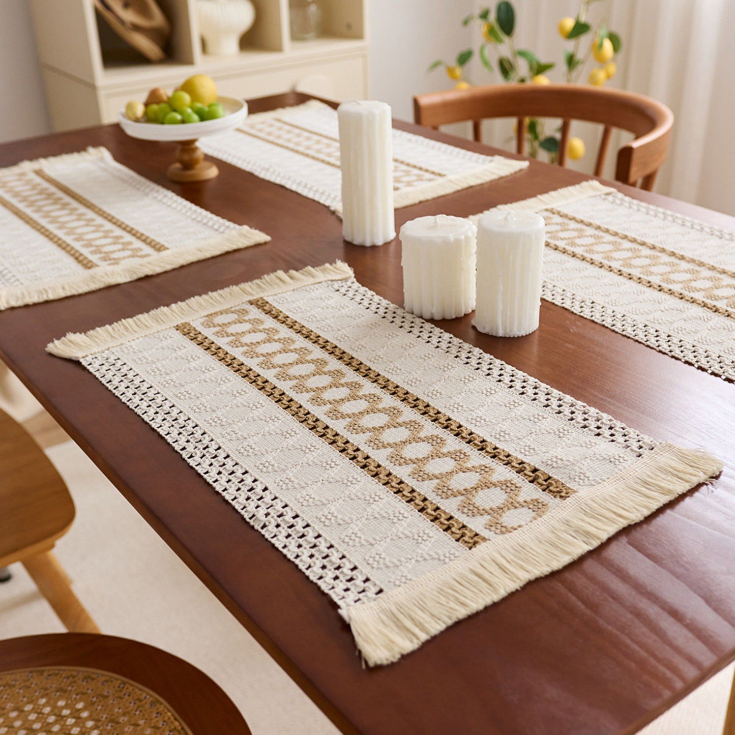 4 Set Woven Rectangular Placemats with Textured Stripes and Fringe Edges 11.8x19.5 in