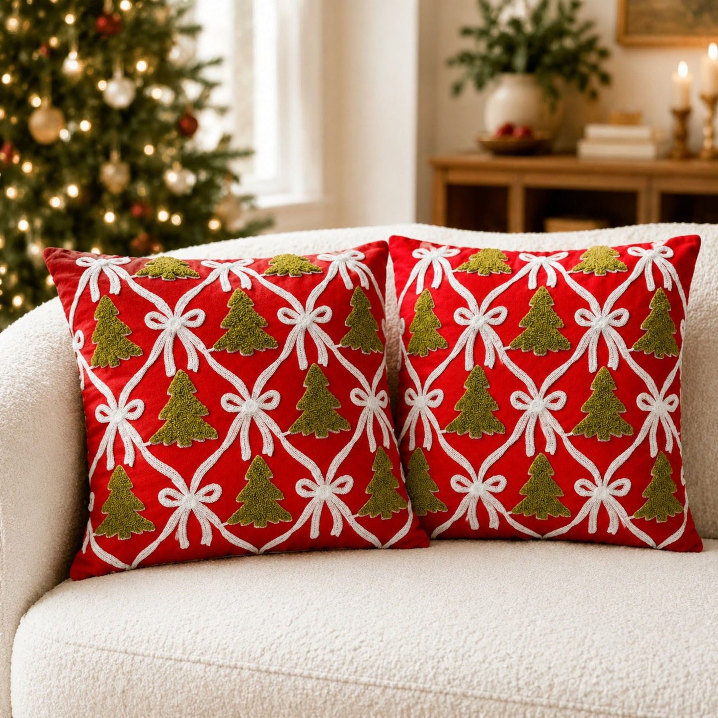 2 Pack Christmas Tree Bow Embroidered Velvet Pillow Covers