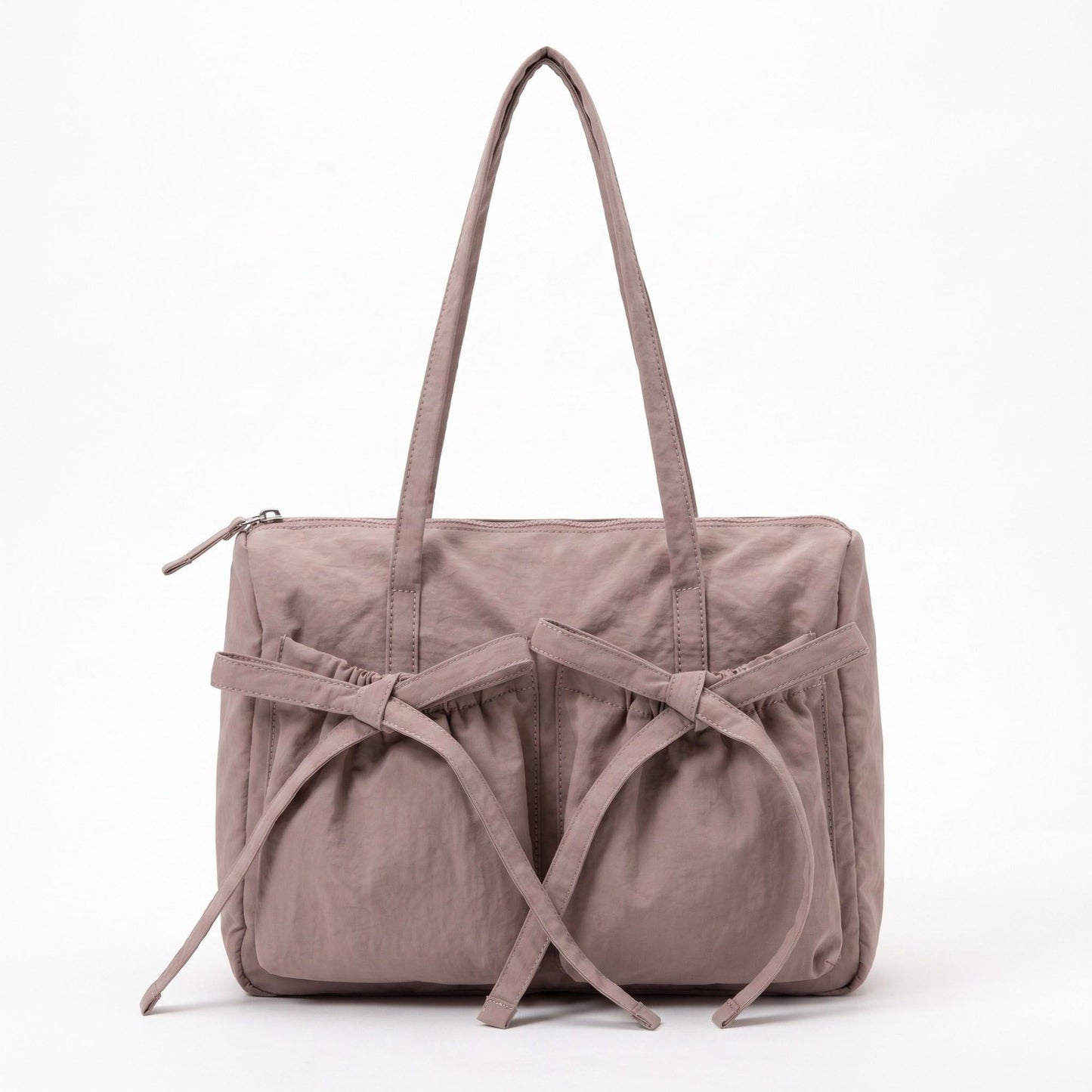 Multi-Pocket Shoulder Tote Bag with Bow-Tie Drawstrings and Top Zipper 11.5x9x5in