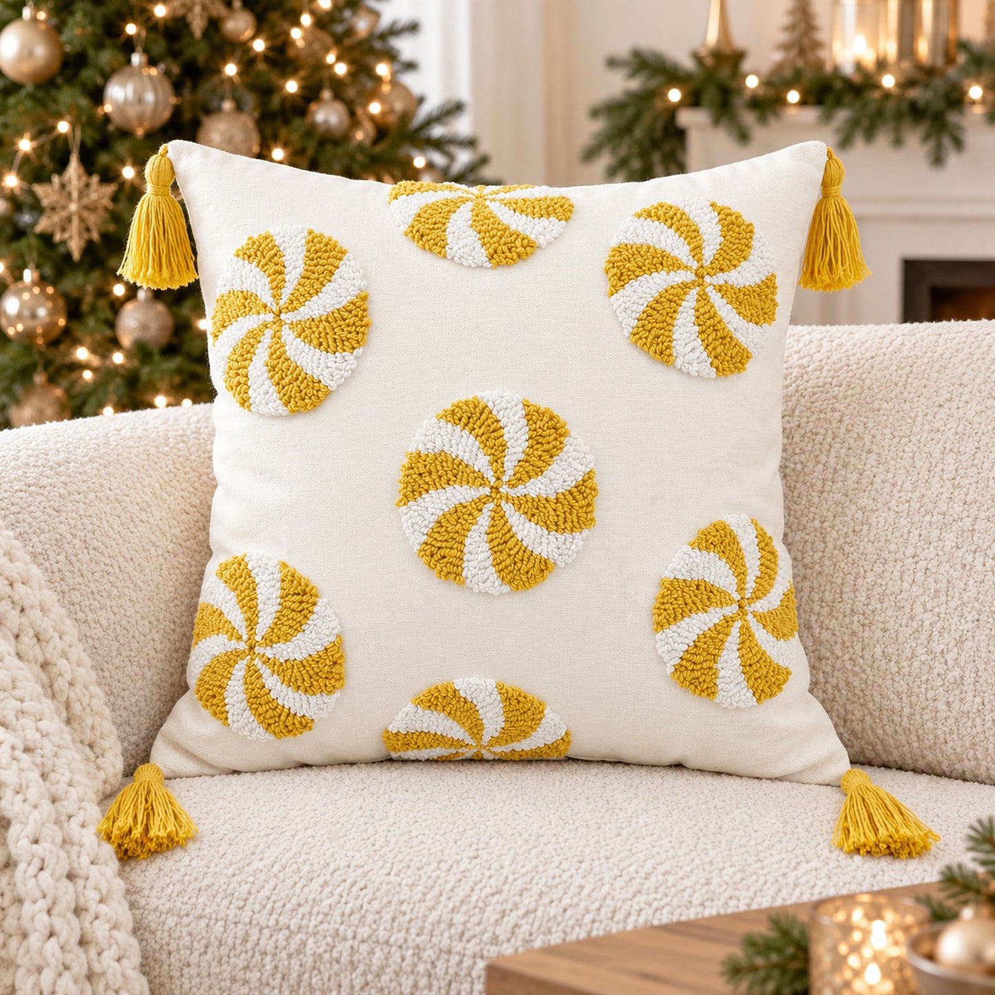 Christmas Peppermint Tufted Tassel Throw Pillow Cover