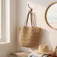 Woven Crochet Tote Bag with Leather Shoulder Straps Large Capacity Knit Handbag Lightweight Open Weave Tote