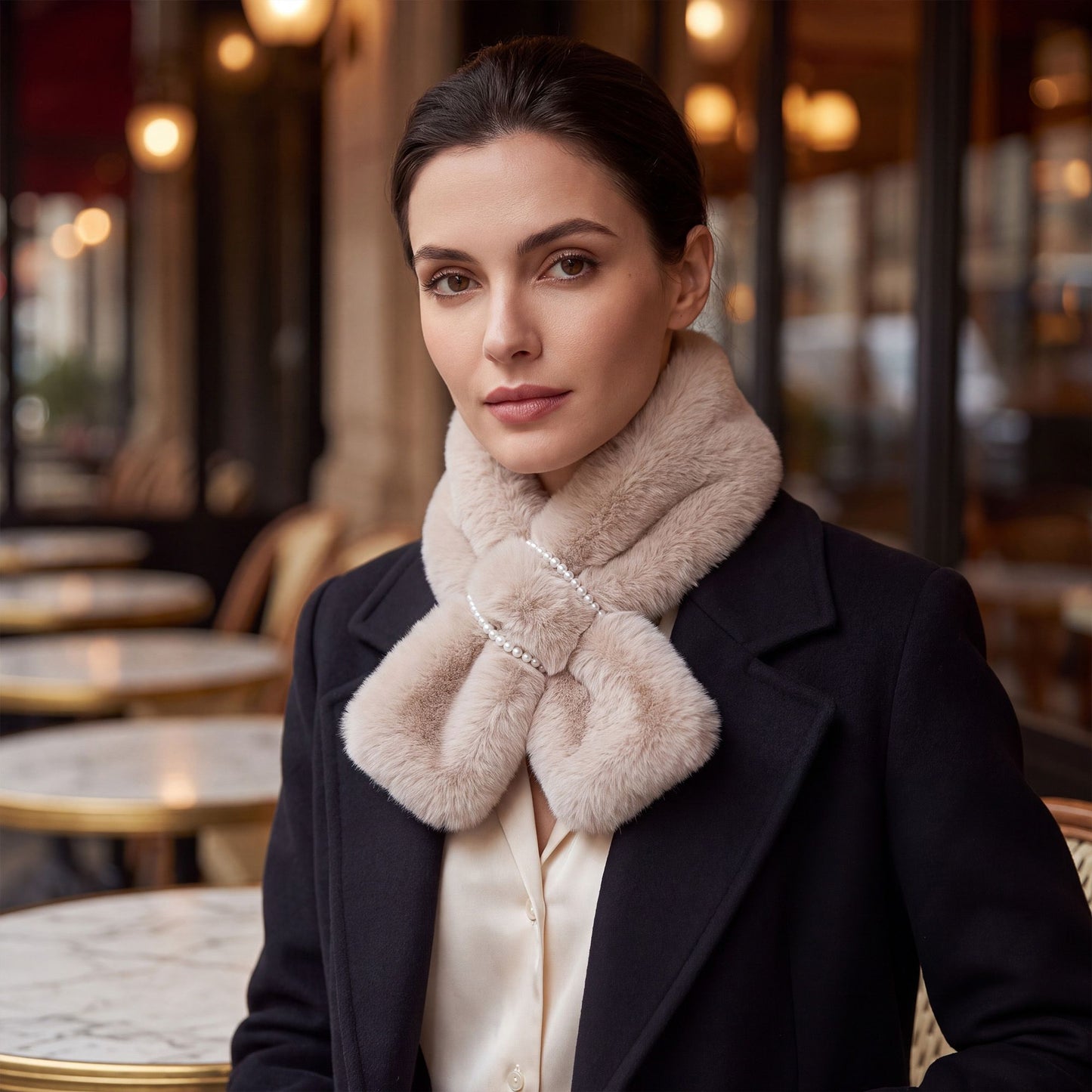 Plush Faux Fur Scarf Soft Slip Through Neck Warmer with Pearl Look Bead Trim 31.5*4.7 Inches