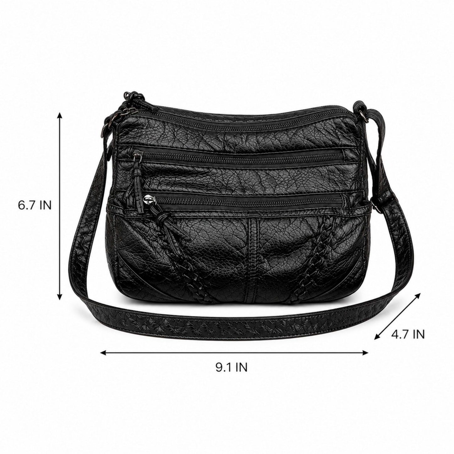 Multi-Pocket Crossbody Bag with Adjustable Strap and Braided Trim