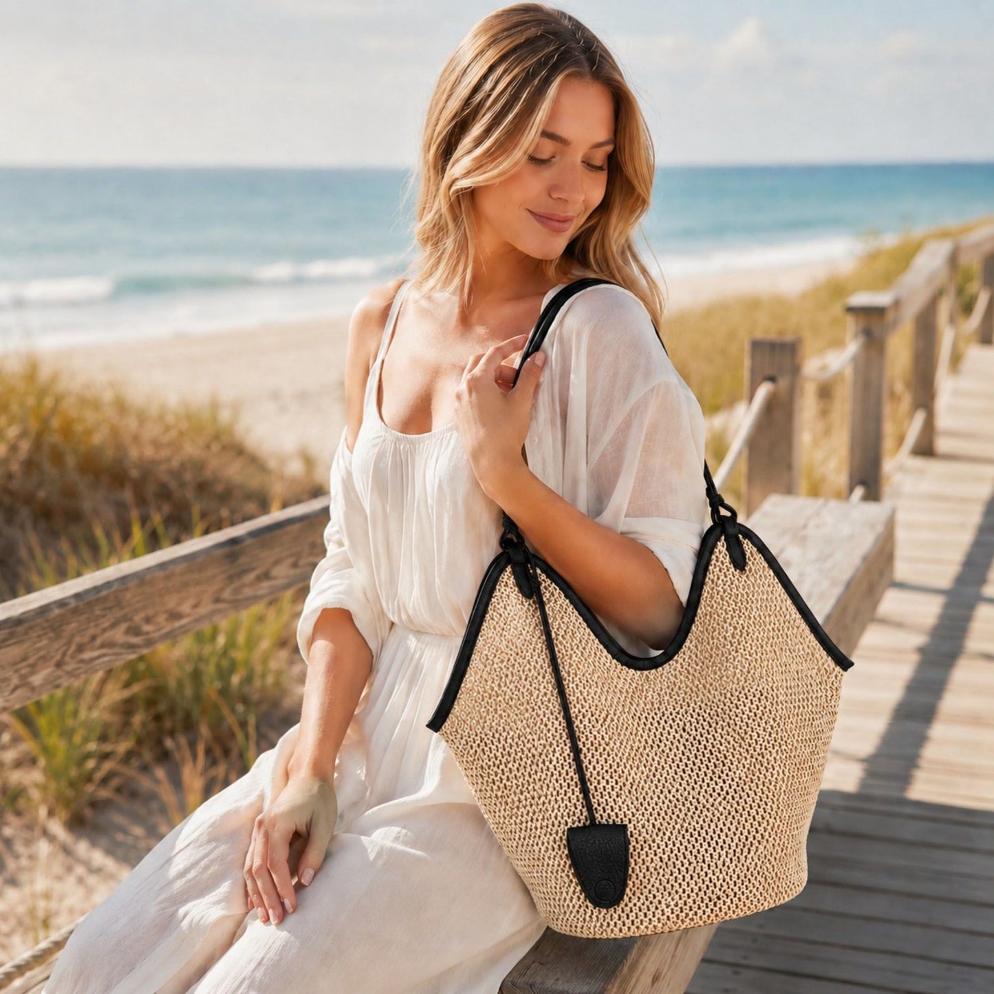Woven Straw Style Tote Bag Large Capacity Shoulder Bag with Faux Leather Trim