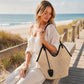 Woven Straw Style Tote Bag Large Capacity Shoulder Bag with Faux Leather Trim