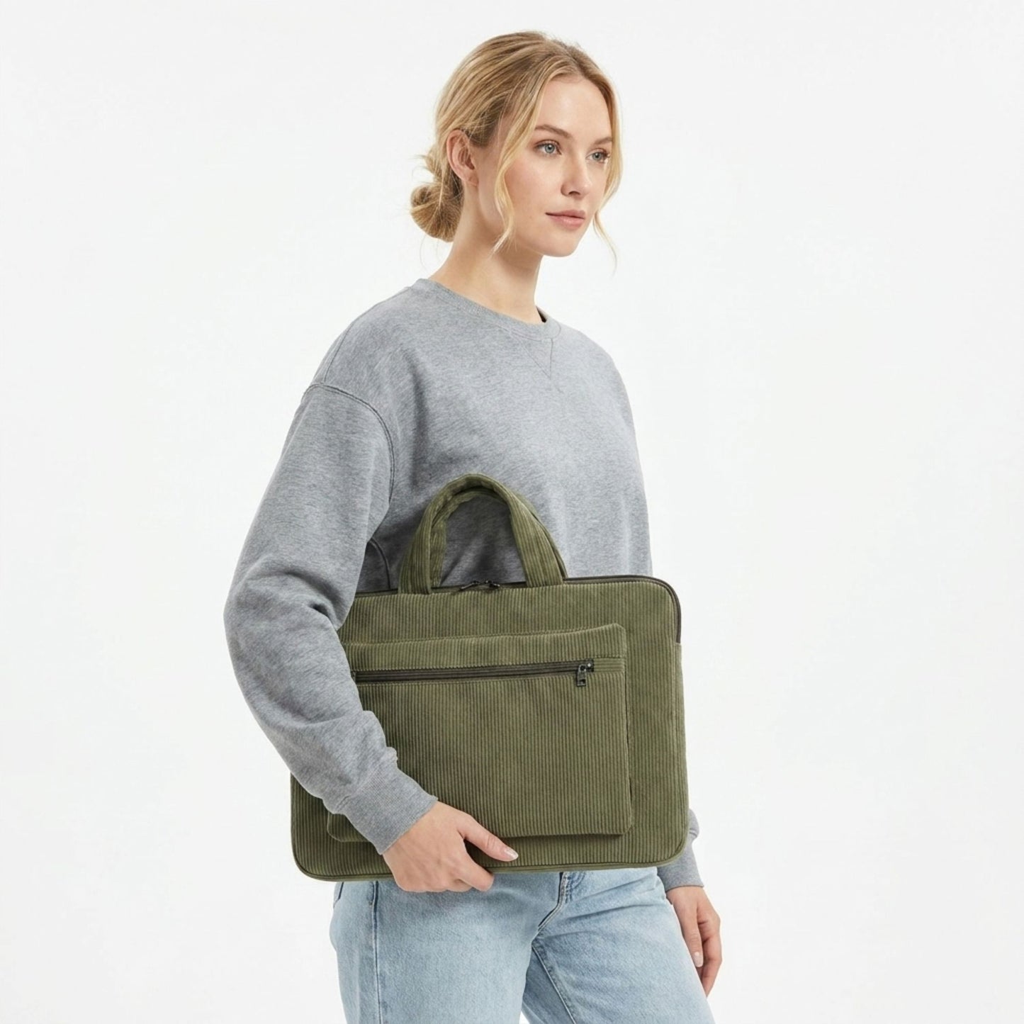 Corduroy Laptop Bag Large Capacity Work Tote with Front Zipper Pocket