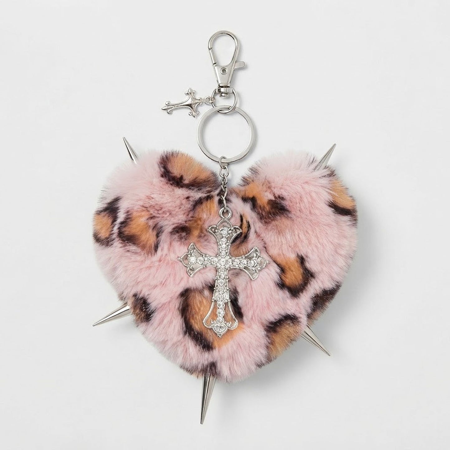 Punk Heart Faux Fur Keychain Rivet Cross Bag Charm Set