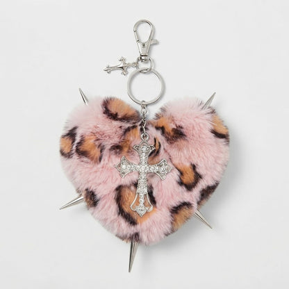 Punk Heart Faux Fur Keychain Rivet Cross Bag Charm Set