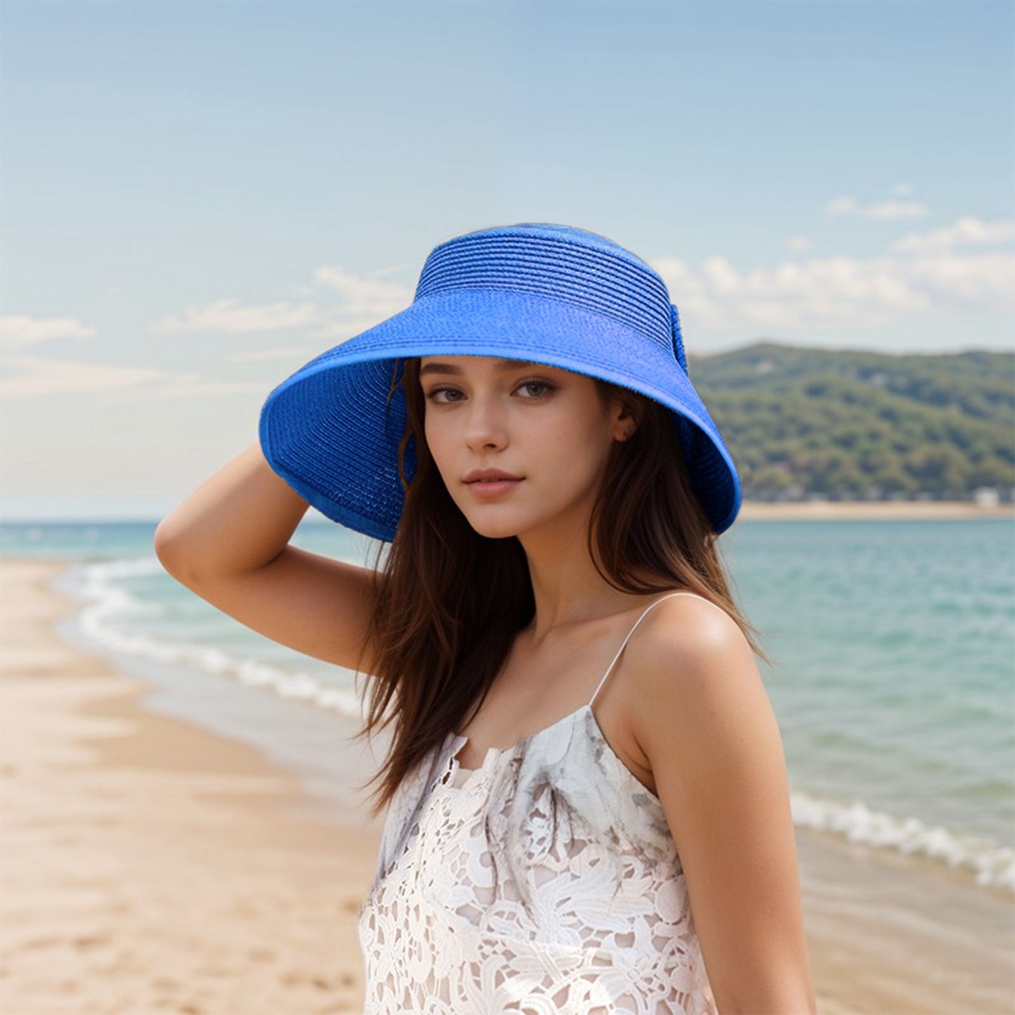 Women's Wide Brim Visor Hat with Bow Detail Adjustable Velcro Closure for Beach or Outdoor Protection
