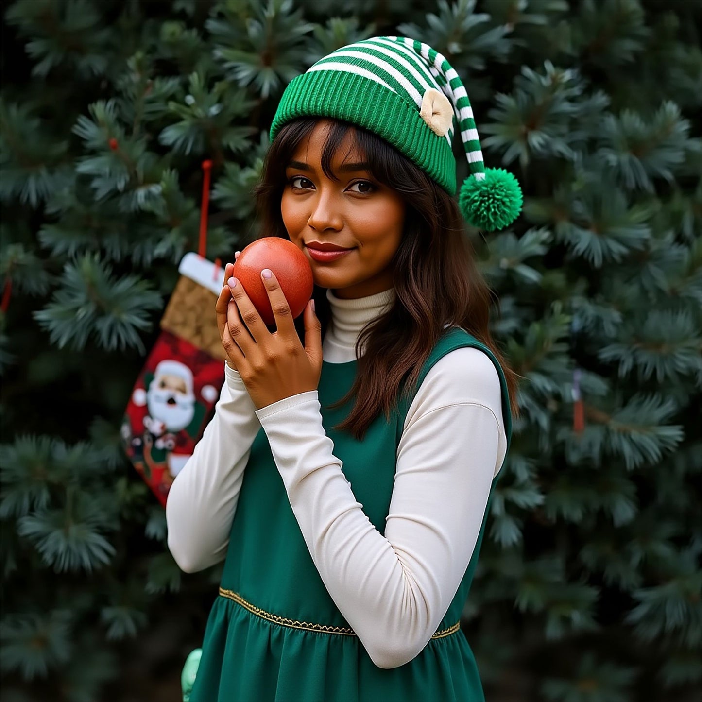 Christmas Elf Striped Knit Hat Striped Beanie with Pom-Pom & Elf Ears for Holiday Parties & Festive Decor
