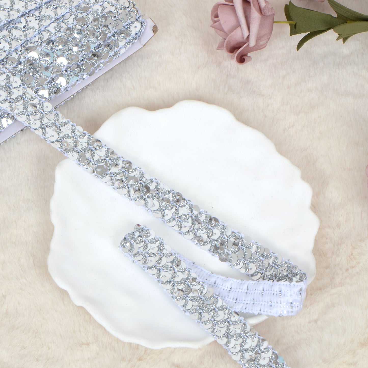 Sewing Sequin Trim 0.9 Inch 4 Row, 25 Yards Glitter Sequin Ribbon Metallic Stretch Bling Strip DIY Craft Decoration
