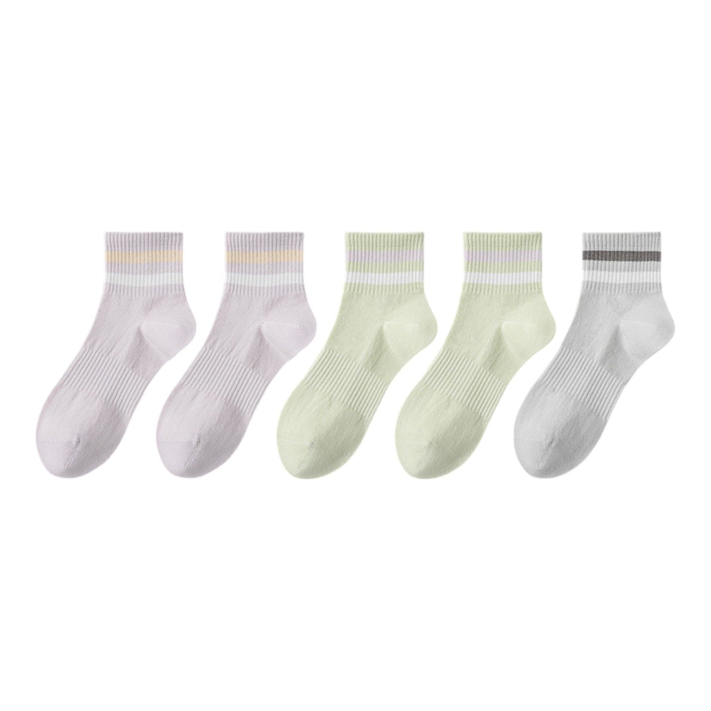 5 Pairs Women Cotton Ankle Socks with Pastel Striped Cuffs Soft Breathable Knit Fabric for Everyday Comfort