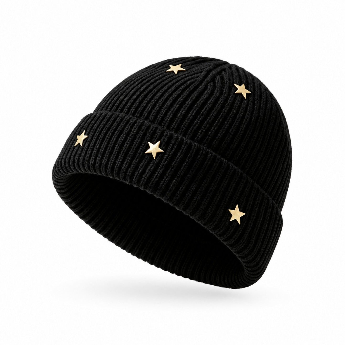 Star Stud Ribbed Knit Beanie Cuffed Winter Hat