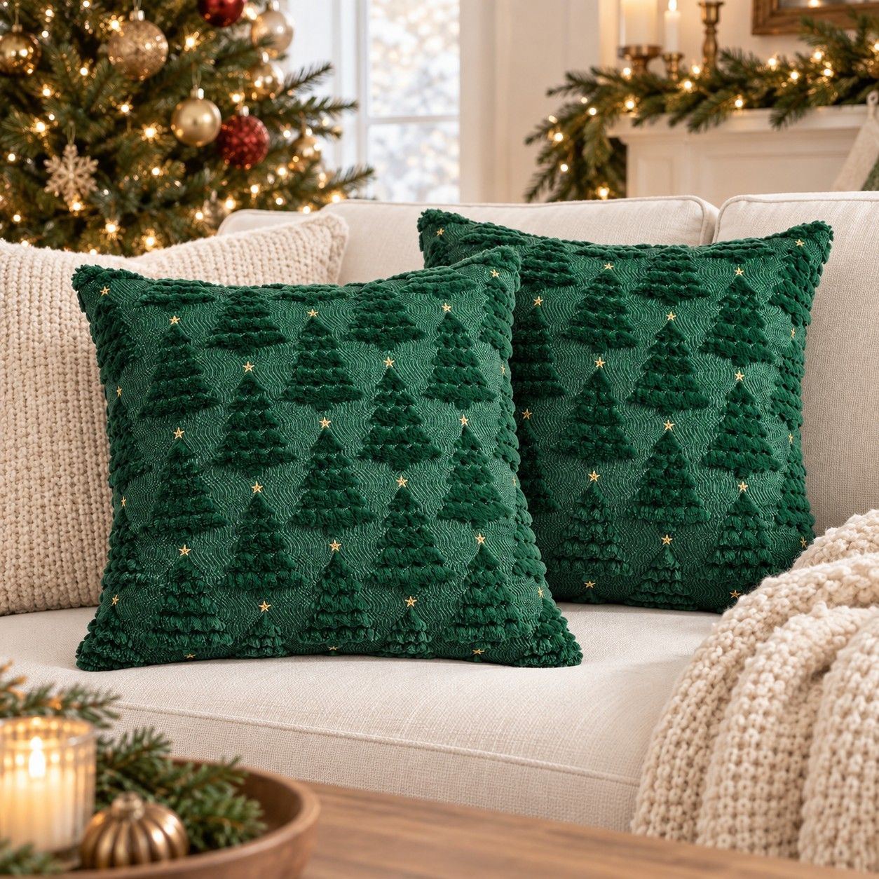 2 Pack Plush Textured Christmas Tree Throw Pillow Covers 18 x 18 Inch Holiday Decor