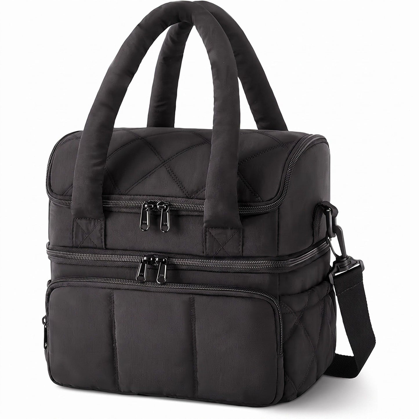 Quilted Multi-Compartment Lunch Tote Bag with Padded Top Handles and Detachable Shoulder Strap 10x10x7.1in