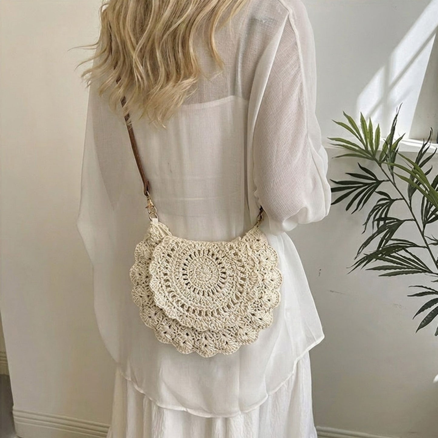 Crochet Crossbody Bag with Scalloped Flap and Adjustable Strap