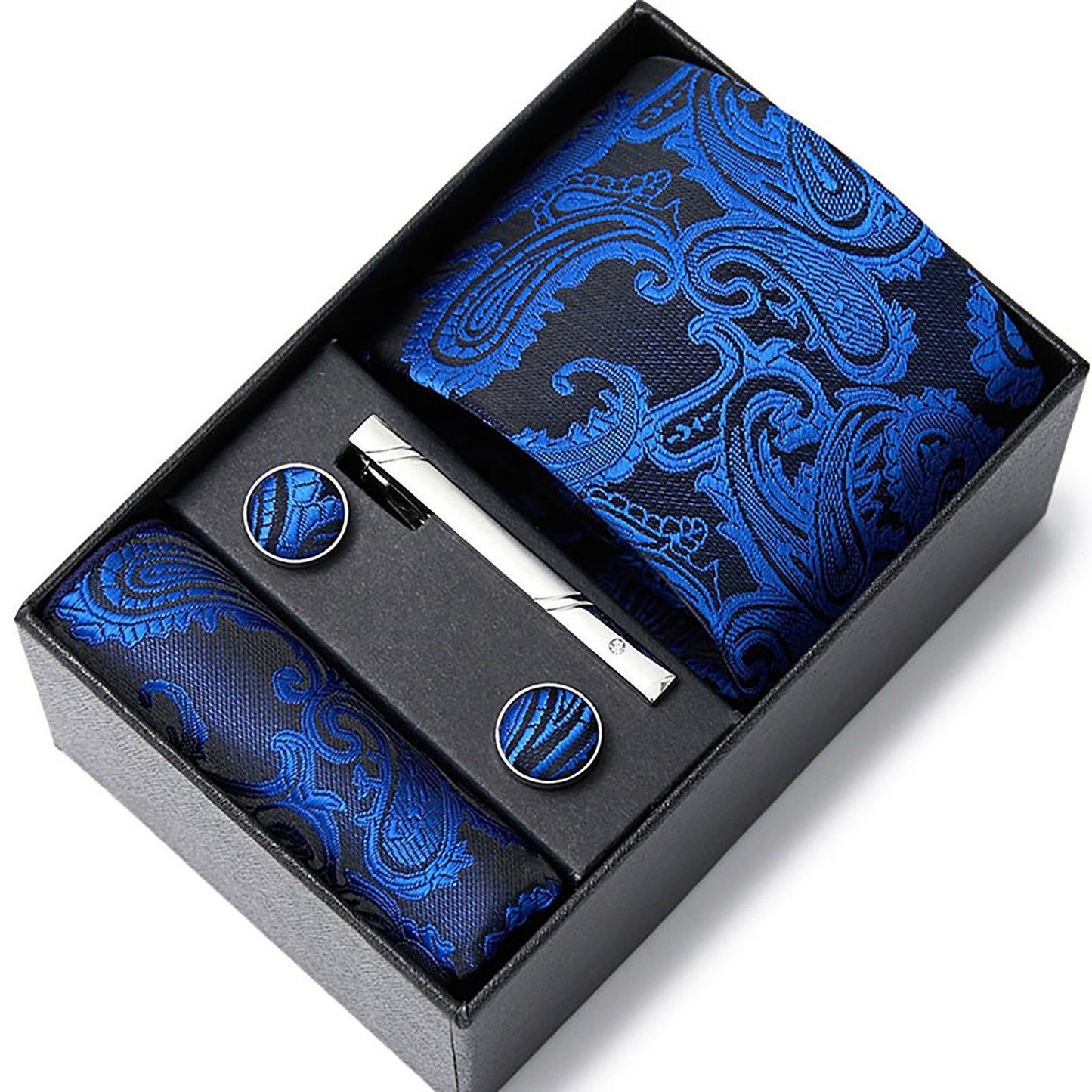 Men's Floral Print Tie Gift Set with Matching Pocket Square Cufflinks and Silver Tie Clip