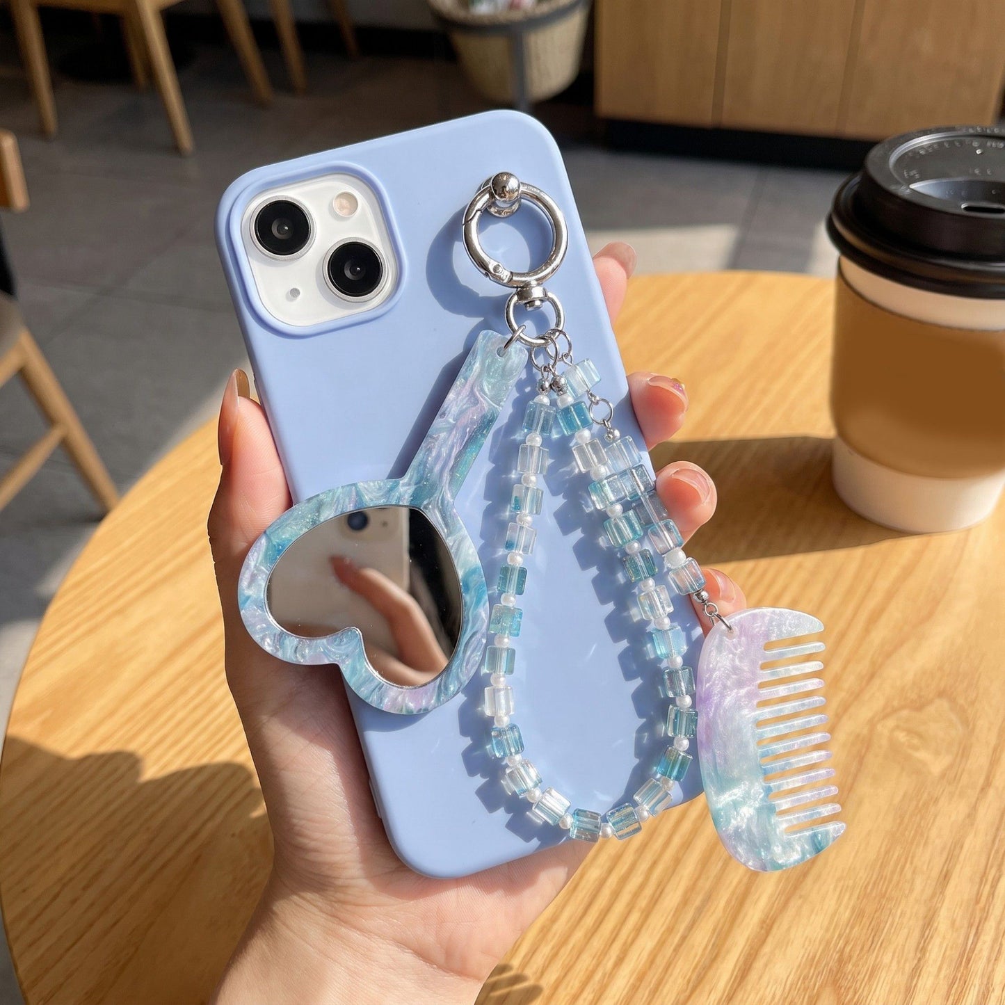 Beaded Keychain Bag Charm with Heart Mirror and Mini Comb