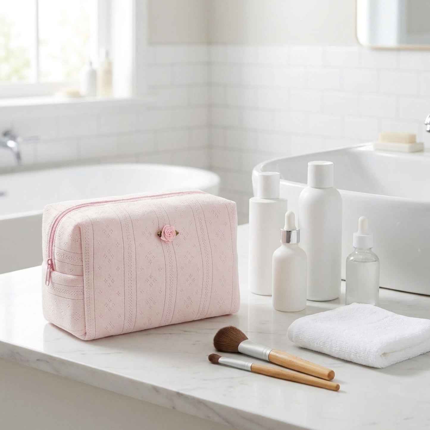 Knit Makeup Bag Large Capacity Cosmetic Pouch Travel Toiletry Organizer