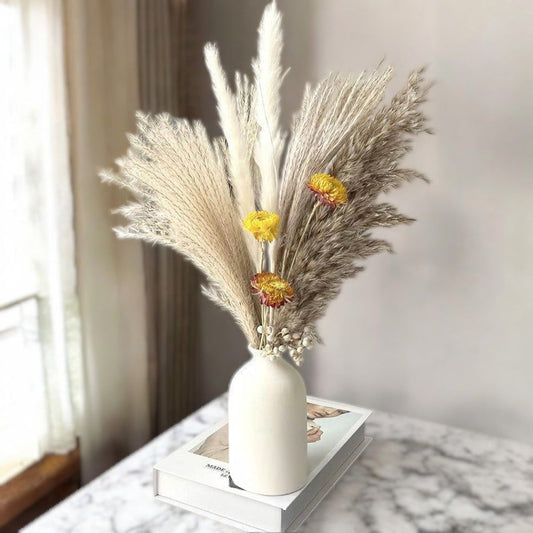 Pampas Grass Dried Floral Arrangement with Yellow Strawflower