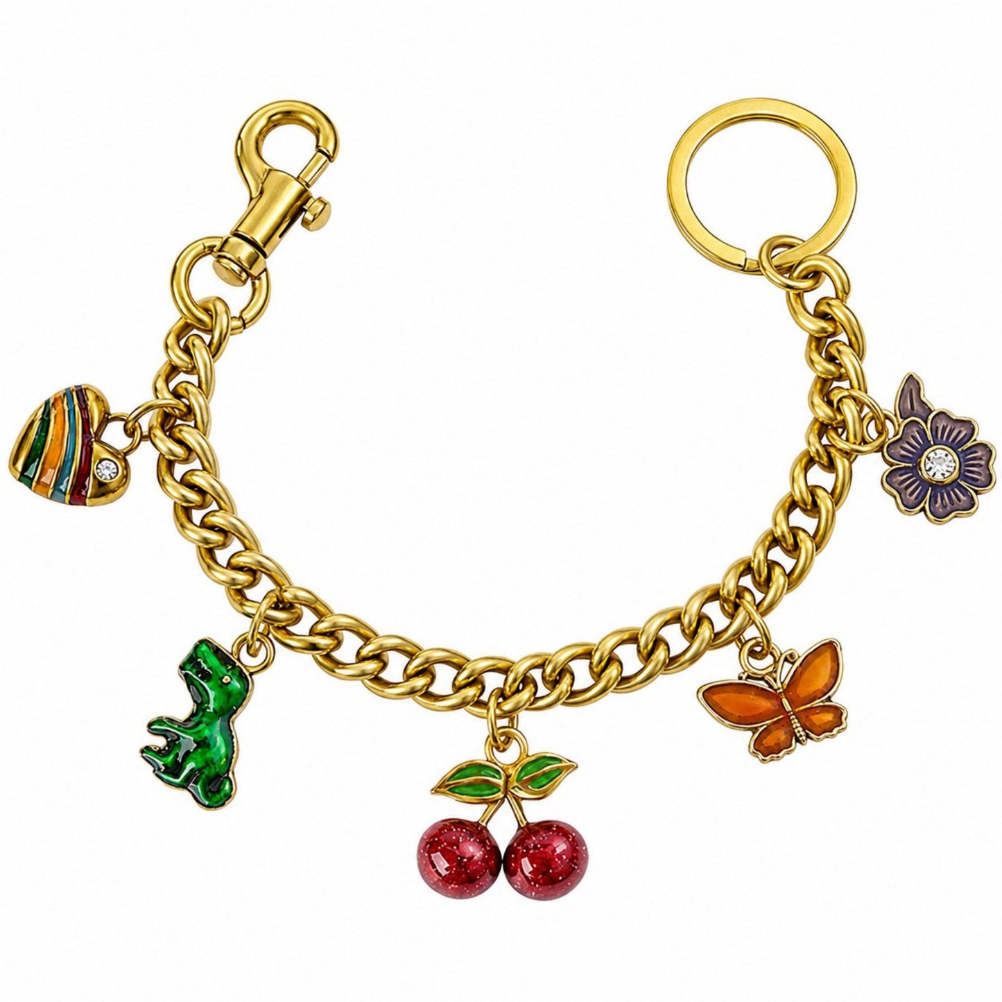 Gold Tone Charm Chain Bag Accessory with Cherry Dinosaur Heart Flower and Horseshoe Accents