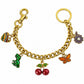 Gold Tone Charm Chain Bag Accessory with Cherry Dinosaur Heart Flower and Horseshoe Accents