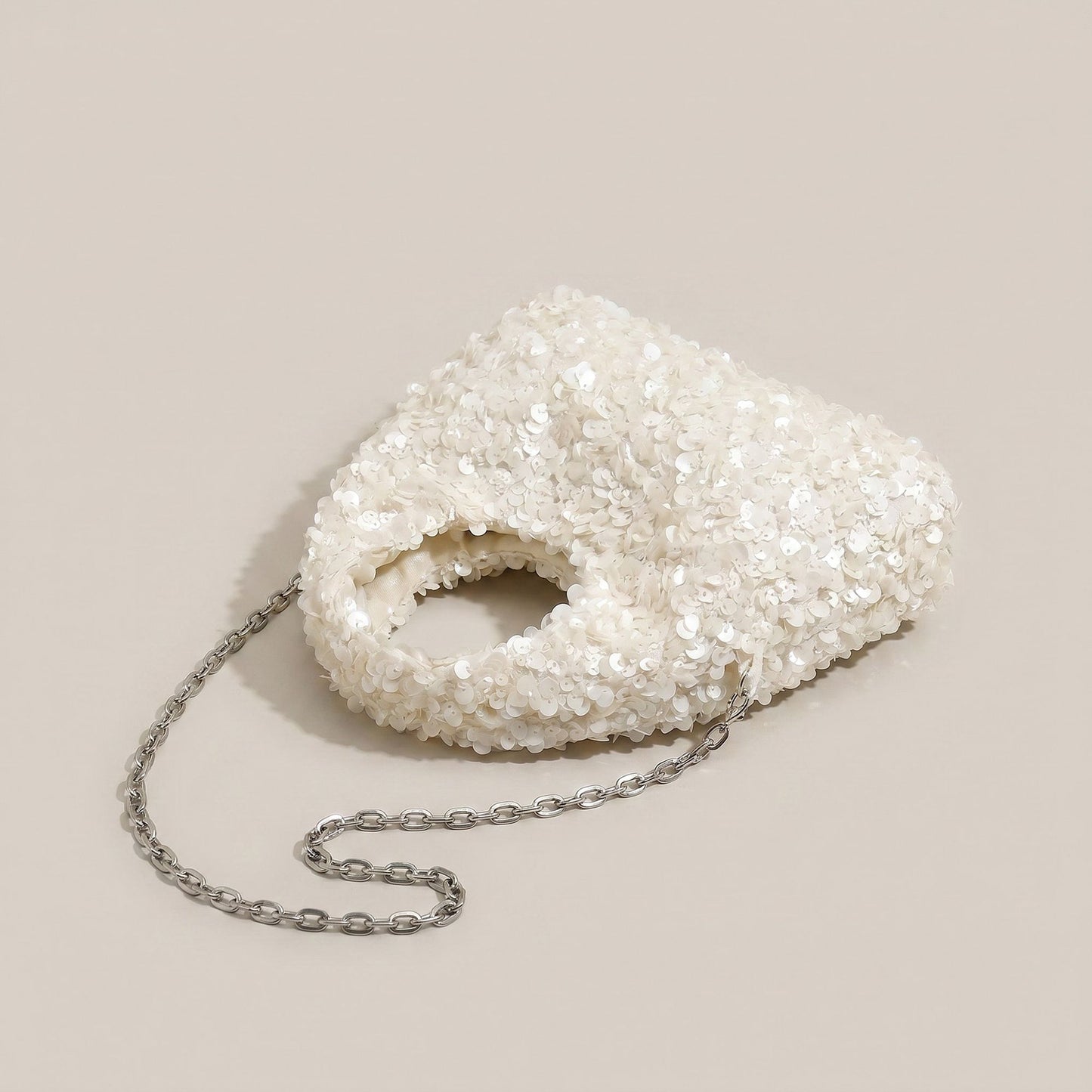 Sequin Top Handle Mini Bag with Round Cutout Handle and Chain Strap