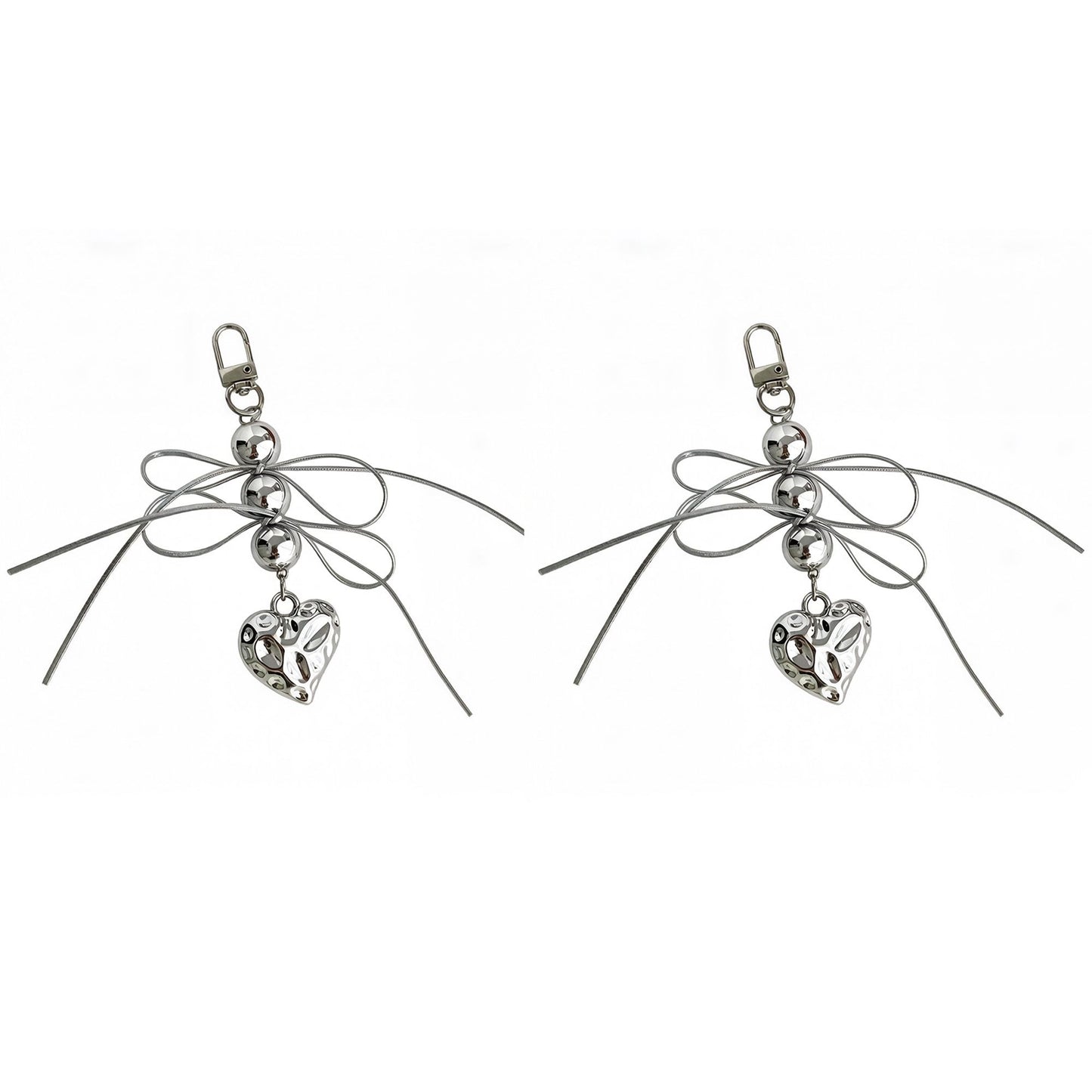 2 Pack Heart Charm Keychain with Bow Accent Bead Detail Clip and Key Ring Bag Accessory