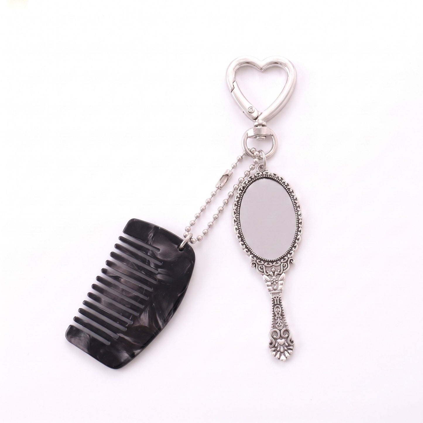 Mirror and Mini Comb Keychain Bag Charm with Heart Clip