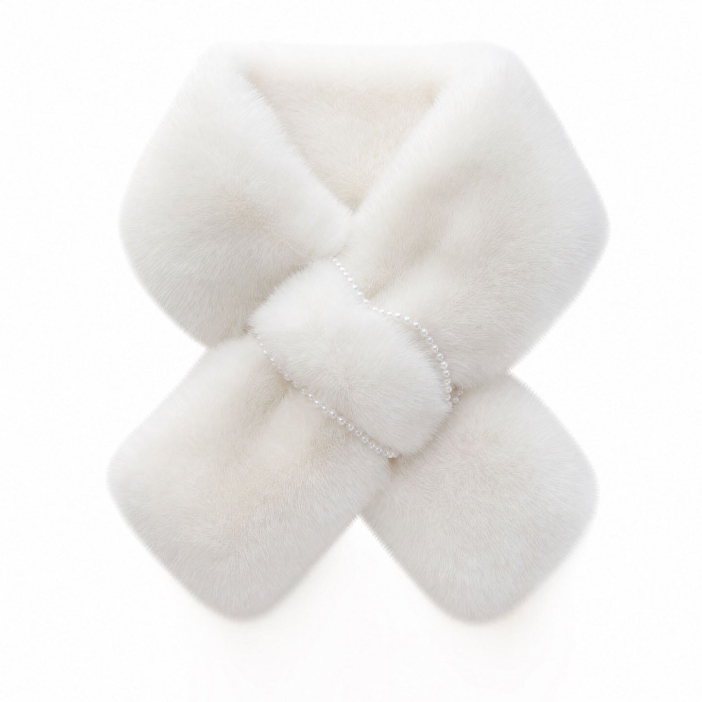Plush Faux Fur Scarf Soft Slip Through Neck Warmer with Pearl Look Bead Trim 31.5*4.7 Inches