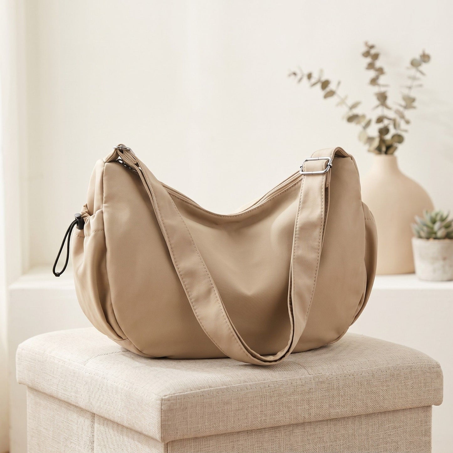 Crescent Crossbody Shoulder Bag with Side Pockets and Adjustable Strap