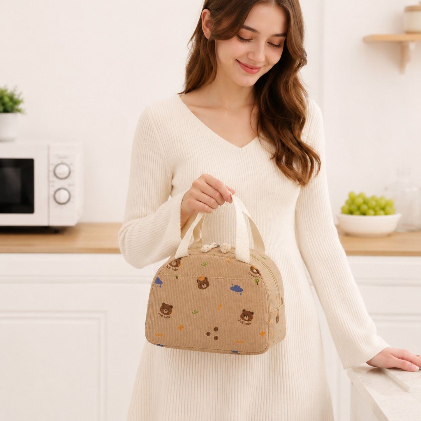 Heart Print Corduroy Insulated Lunch Bag with Handles and Zip Closure