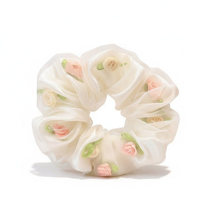 Sheer Organza Scrunchie with Embroidered Mini Roses and Soft Layered Design